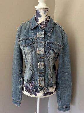 Y2K Shaqiru Distressed Blue Upcycled Denim Jacket With Reconstructed Details